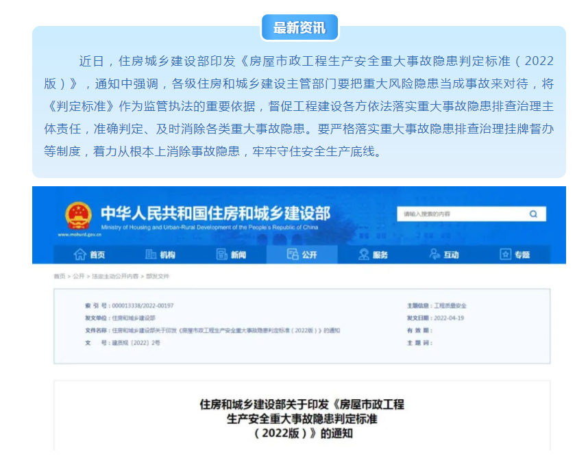 關(guān)注！住房城鄉(xiāng)建設(shè)部印發(fā)《房屋市政工程生產(chǎn)安全重大事故隱患判定標準（2022版）》!附官方解讀！